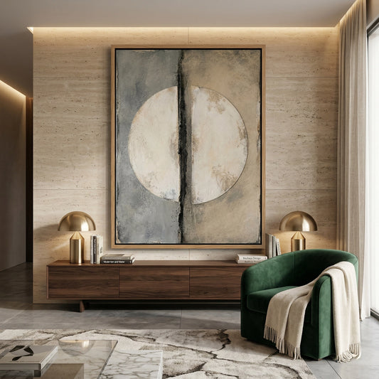 Two-panel 'Divided Lunar' wall art with crater-like textures and a metallic gold divide, bringing an ethereal glow to a contemporary Abu Dhabi home.
