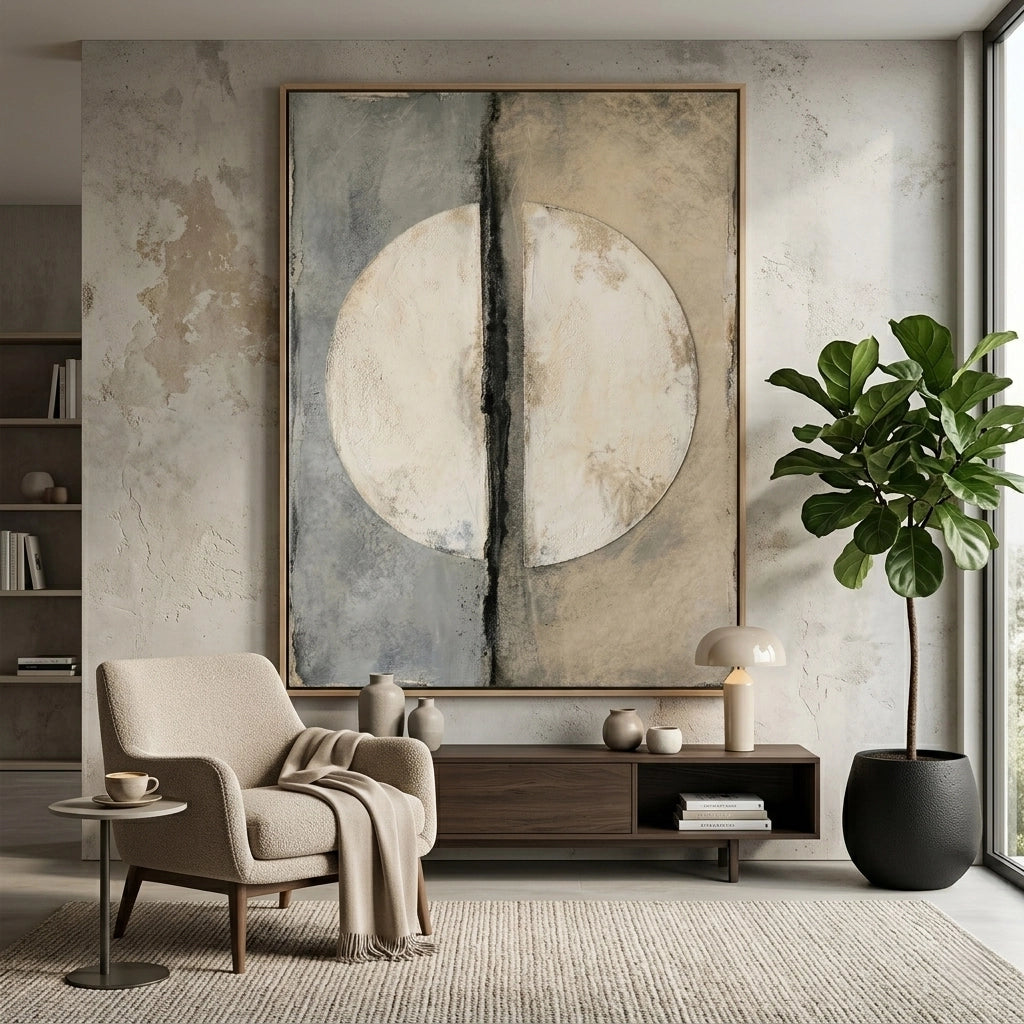 Minimalist 'Divided Lunar' textured art in monochrome tones, premium celestial wall decor available in the UAE.