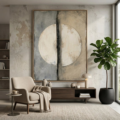 Minimalist 'Divided Lunar' textured art in monochrome tones, premium celestial wall decor available in the UAE.