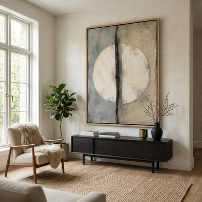 Round 'Divided Lunar' wall mirror with a split-texture frame in raw stone and polished metal, a unique design piece for high-end UAE interiors.