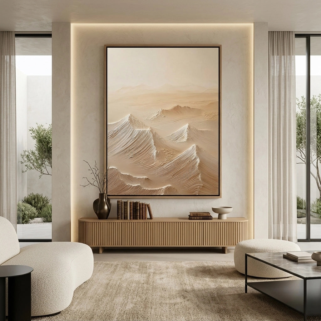 2Minimalist desert peak artwork with subtle texture and warm earthy hues, ideal for elegant UAE interiors