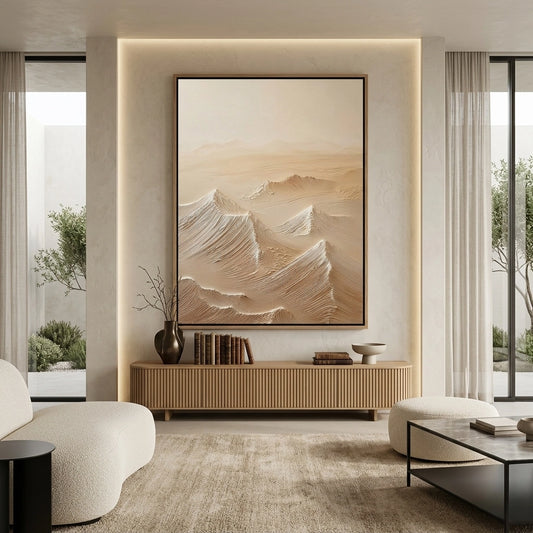 Minimalist desert peak artwork with subtle texture and warm earthy hues, ideal for elegant UAE interiors