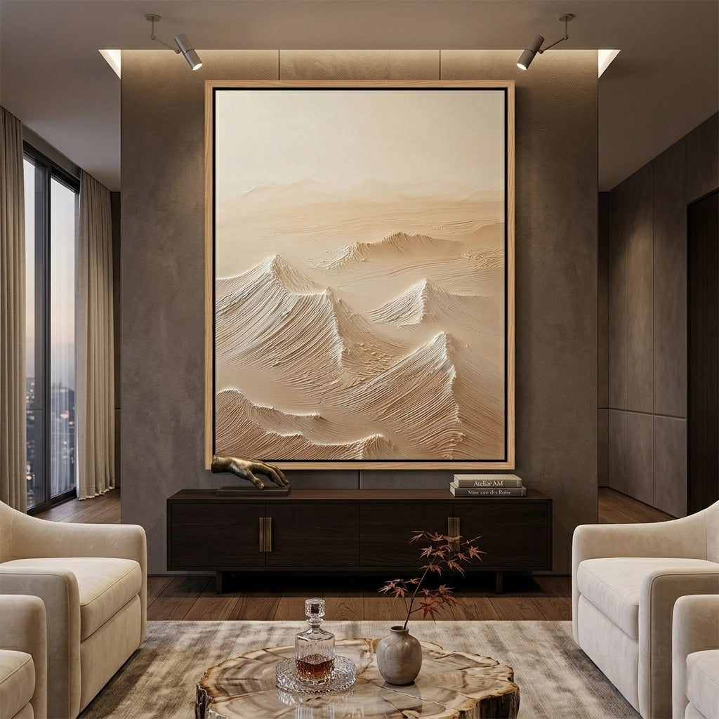 Abstract dunes peaks wall decor with layered textures and muted palette, suited for contemporary UAE living spaces