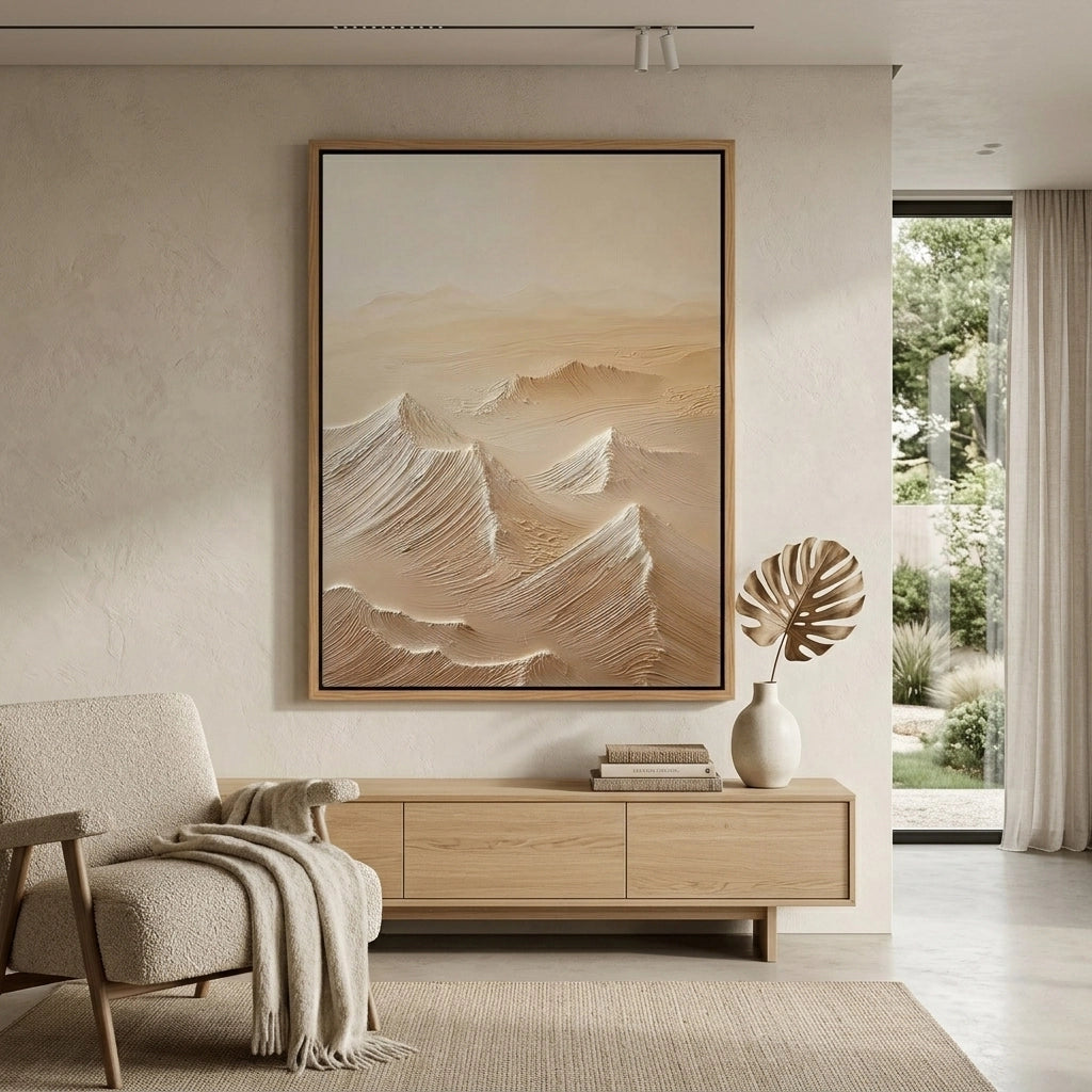 2Soft textured desert peaks art print with neutral tones, enhancing stylish and serene UAE interior design