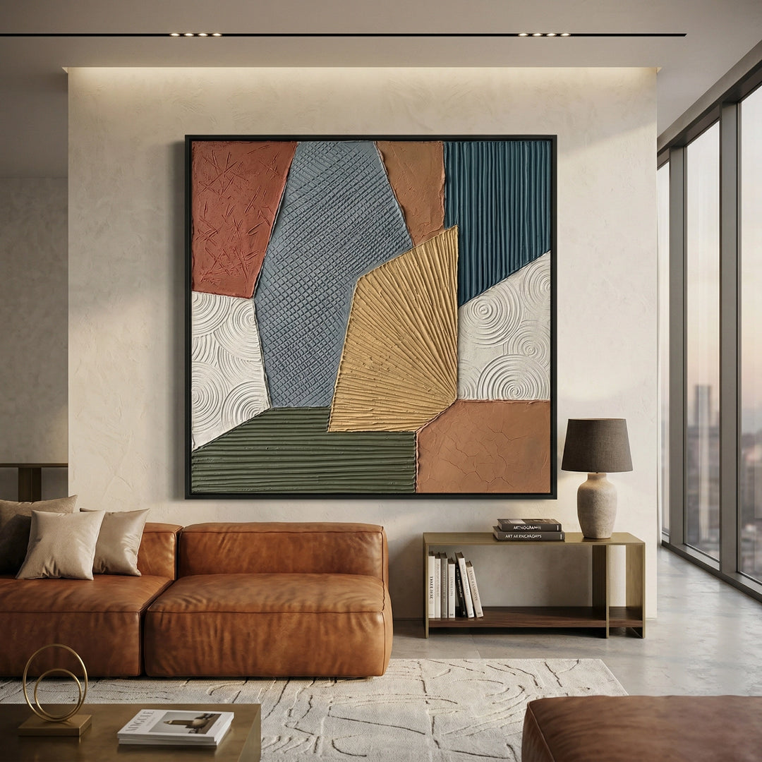 Earth Geometric minimalist wall decor, natural muted palette, upscale UAE home accent