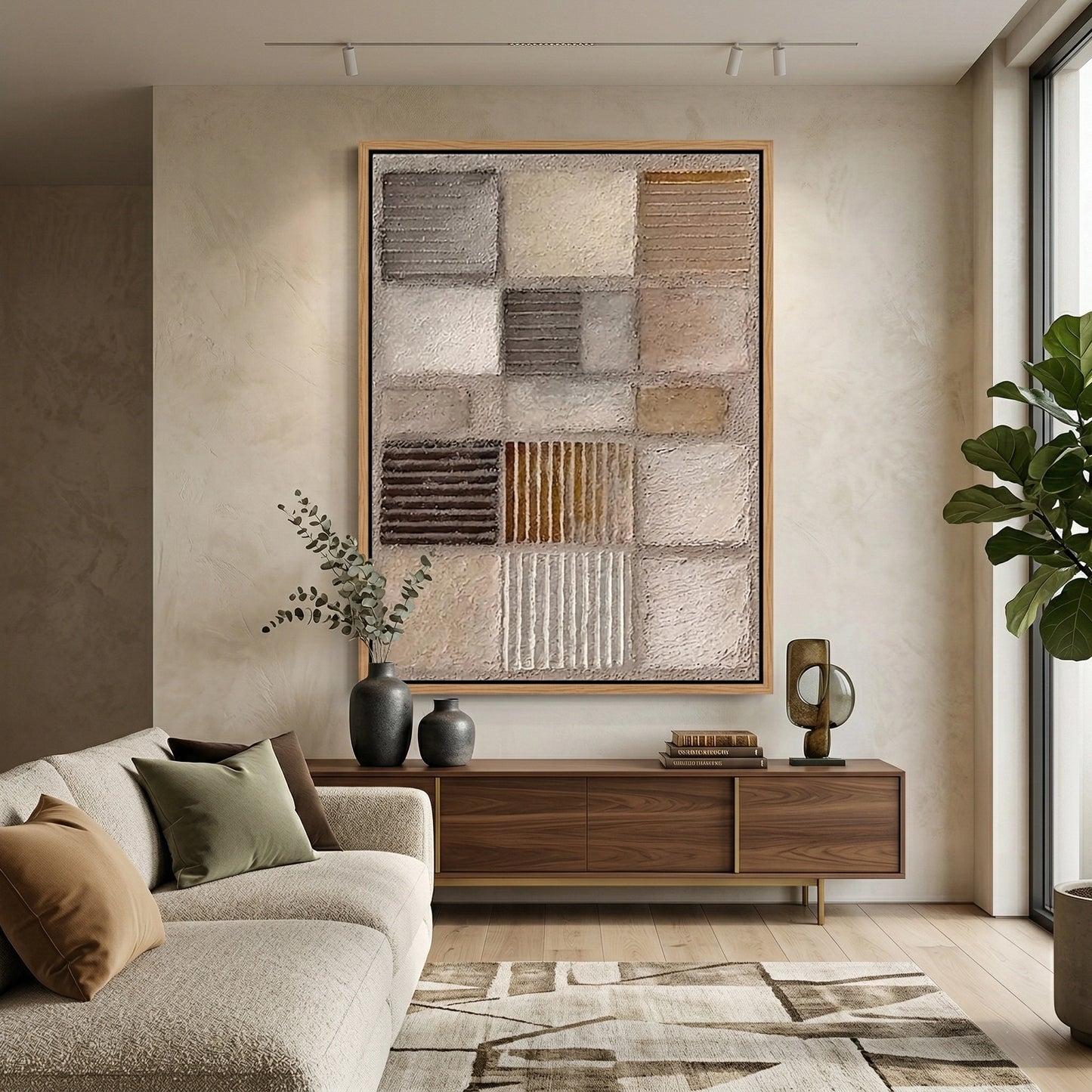 2Minimalist 'Earthbound Grid' canvas art with heavy impasto squares and deep shadow play, bringing architectural order and desert warmth to a modern Abu Dhabi home.