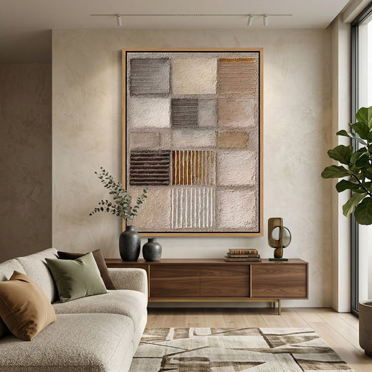 Minimalist 'Earthbound Grid' canvas art with heavy impasto squares and deep shadow play, bringing architectural order and desert warmth to a modern Abu Dhabi home.