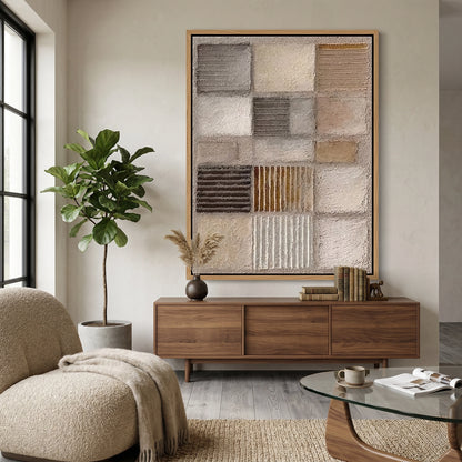 Matte-finish 'Earthbound Grid' ceramic vase with a raised windowpane texture in a natural ochre glaze, a chic accessory for a contemporary Dubai apartment.
