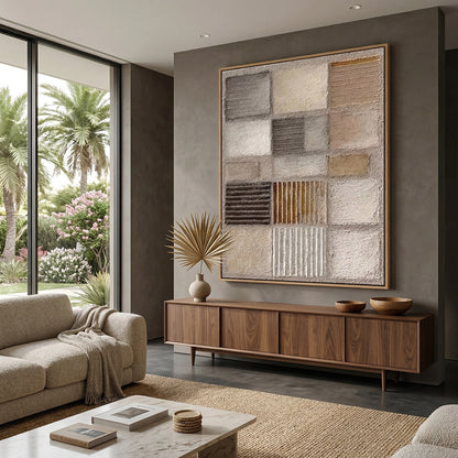Luxury 'Earthbound Grid' area rug with a high-low pile geometric design in shades of sienna and cream, perfect for a grounded and serene Dubai lounge.
