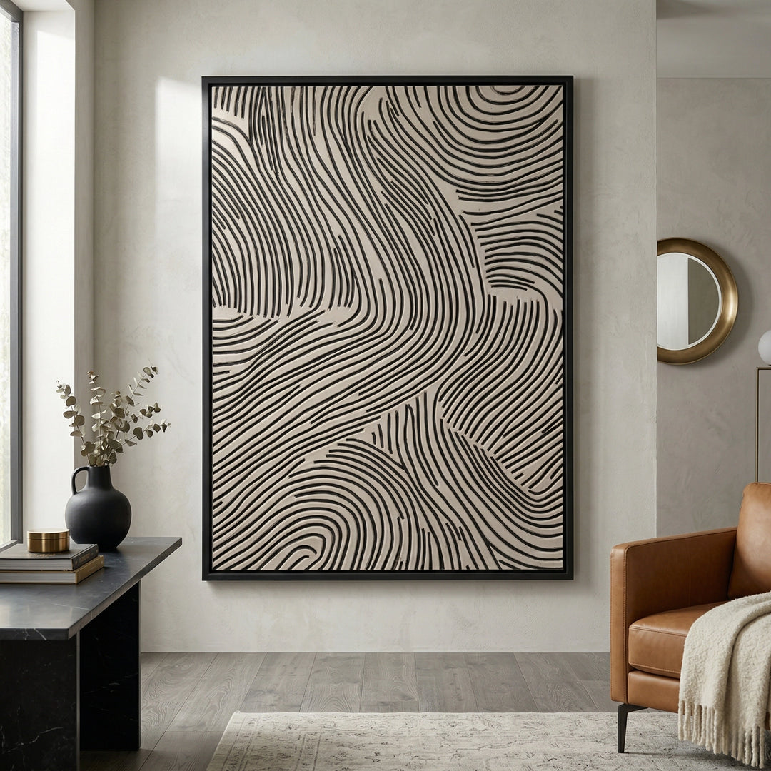 Minimalist 'Earthen Grooves' canvas art with heavy impasto vertical fluting and a matte mineral finish, bringing architectural texture to a contemporary Abu Dhabi home.