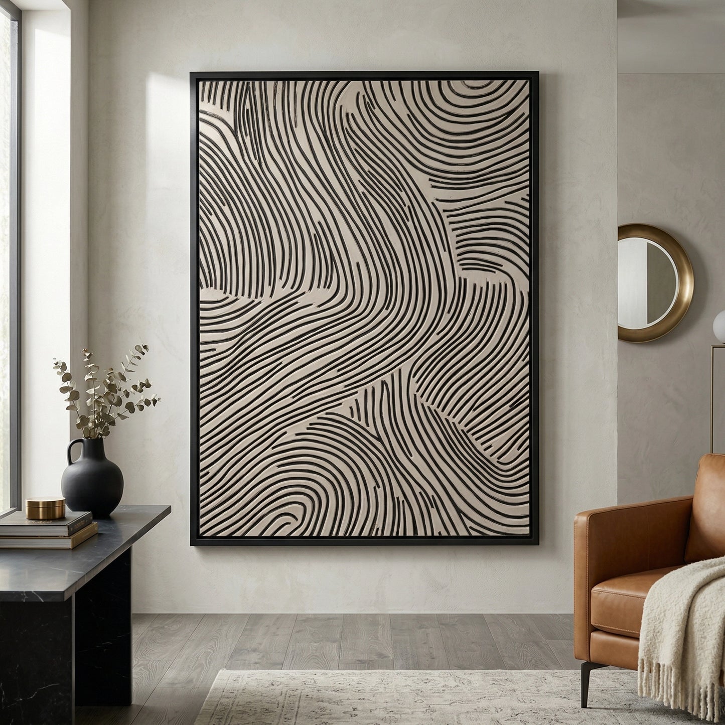 2Minimalist 'Earthen Grooves' canvas art with heavy impasto vertical fluting and a matte mineral finish, bringing architectural texture to a contemporary Abu Dhabi home.