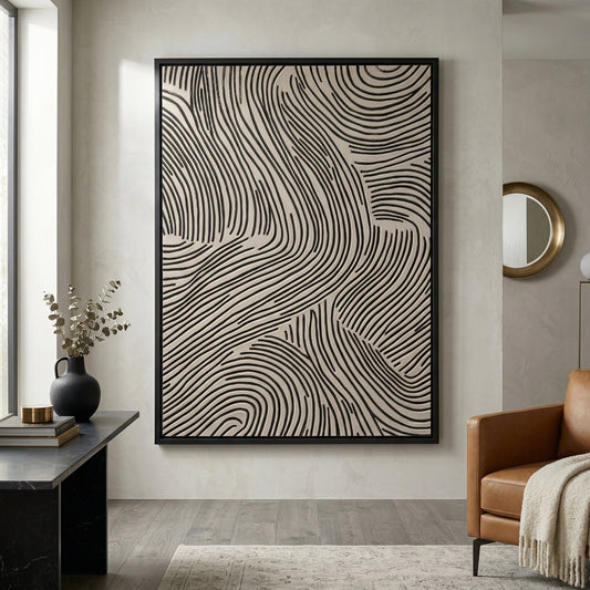 Minimalist 'Earthen Grooves' canvas art with heavy impasto vertical fluting and a matte mineral finish, bringing architectural texture to a contemporary Abu Dhabi home.
