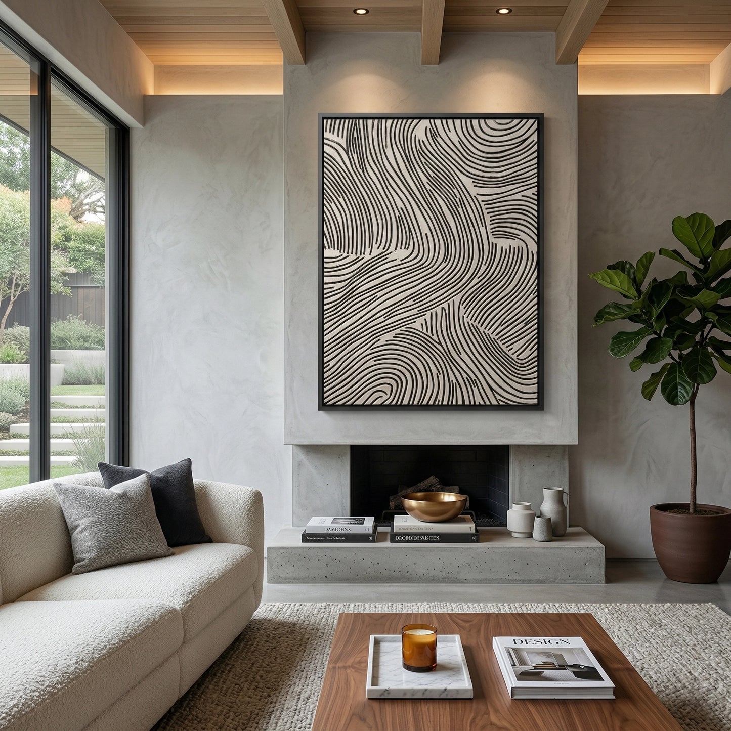 2Sculptural 'Earthen Grooves' coffee table with a ribbed stone base and matte travertine top, a unique handcrafted furniture piece for high-end UAE interiors.