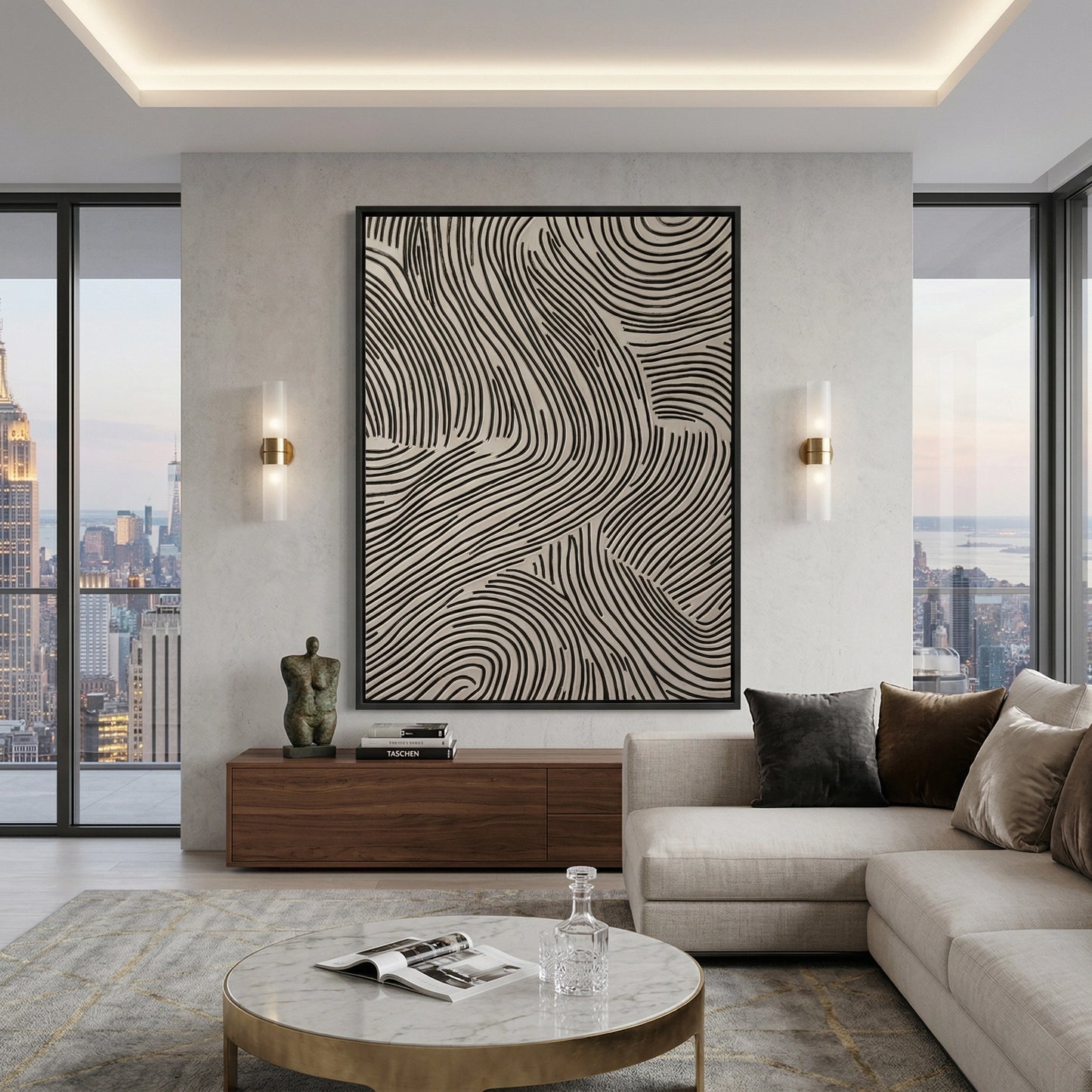 2Matte-finish 'Earthen Grooves' ceramic vase with a rugged, hand-pressed linear texture, a chic desert-inspired accessory for a modern Dubai home office.
