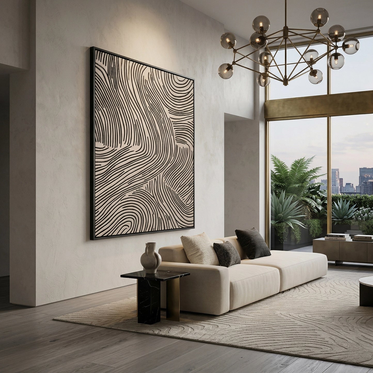 2Luxury 'Earthen Grooves' area rug with a high-low pile linear design mimicking carved desert stone, perfect for a serene and earthy Dubai lounge.