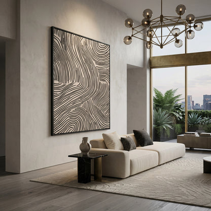 Luxury 'Earthen Grooves' area rug with a high-low pile linear design mimicking carved desert stone, perfect for a serene and earthy Dubai lounge.
