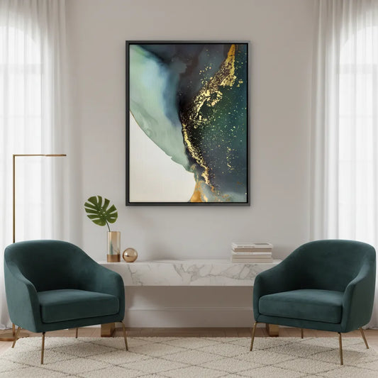 Abstract ink canvas print on wall in modern living room with green chairs, dark green and gold fluid art