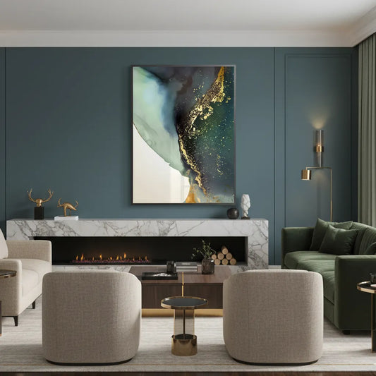 Framed abstract fine art print on wall in dark modern living room, dark green, blue, and gold fluid art
