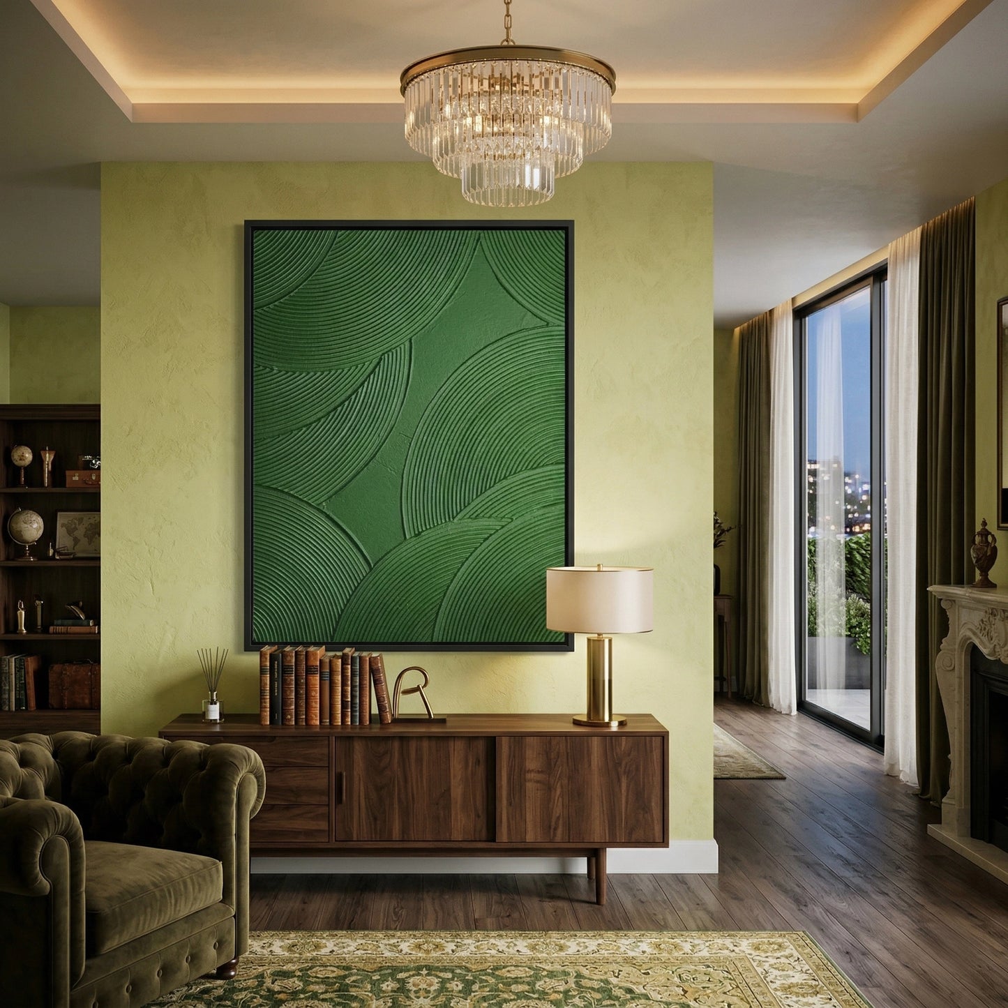 2Minimalist abstract artwork with emerald hues and layered textures, ideal for stylish UAE interiors