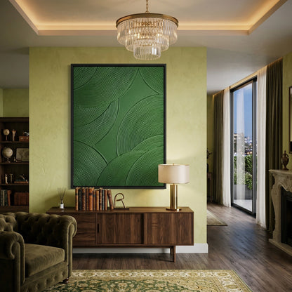 Minimalist abstract artwork with emerald hues and layered textures, ideal for stylish UAE interiors
