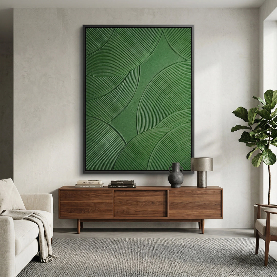 Modern Emerald Groove Abstract artwork with layered textures and deep green shades, perfect for chic UAE wall decor