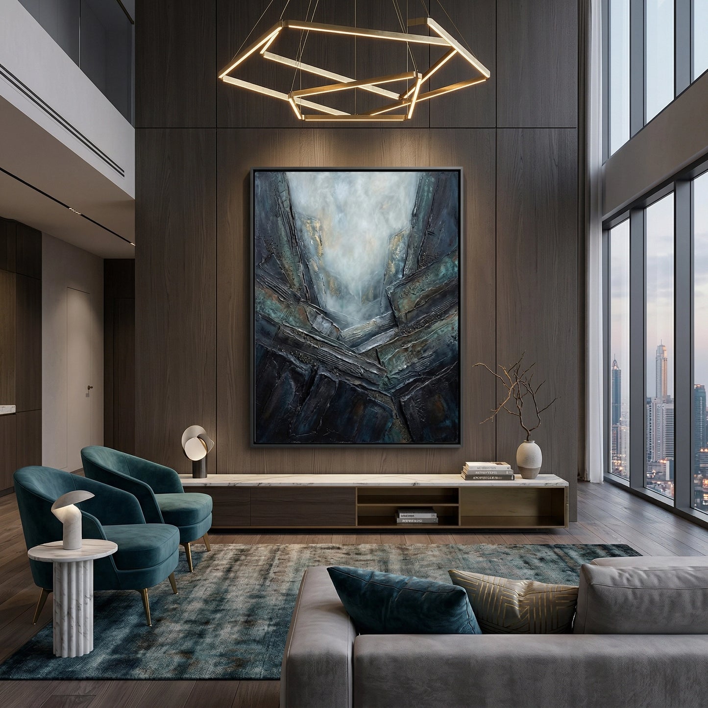 2Ethereal Abyss abstract wall art, deep moody tones, luxury UAE home decor