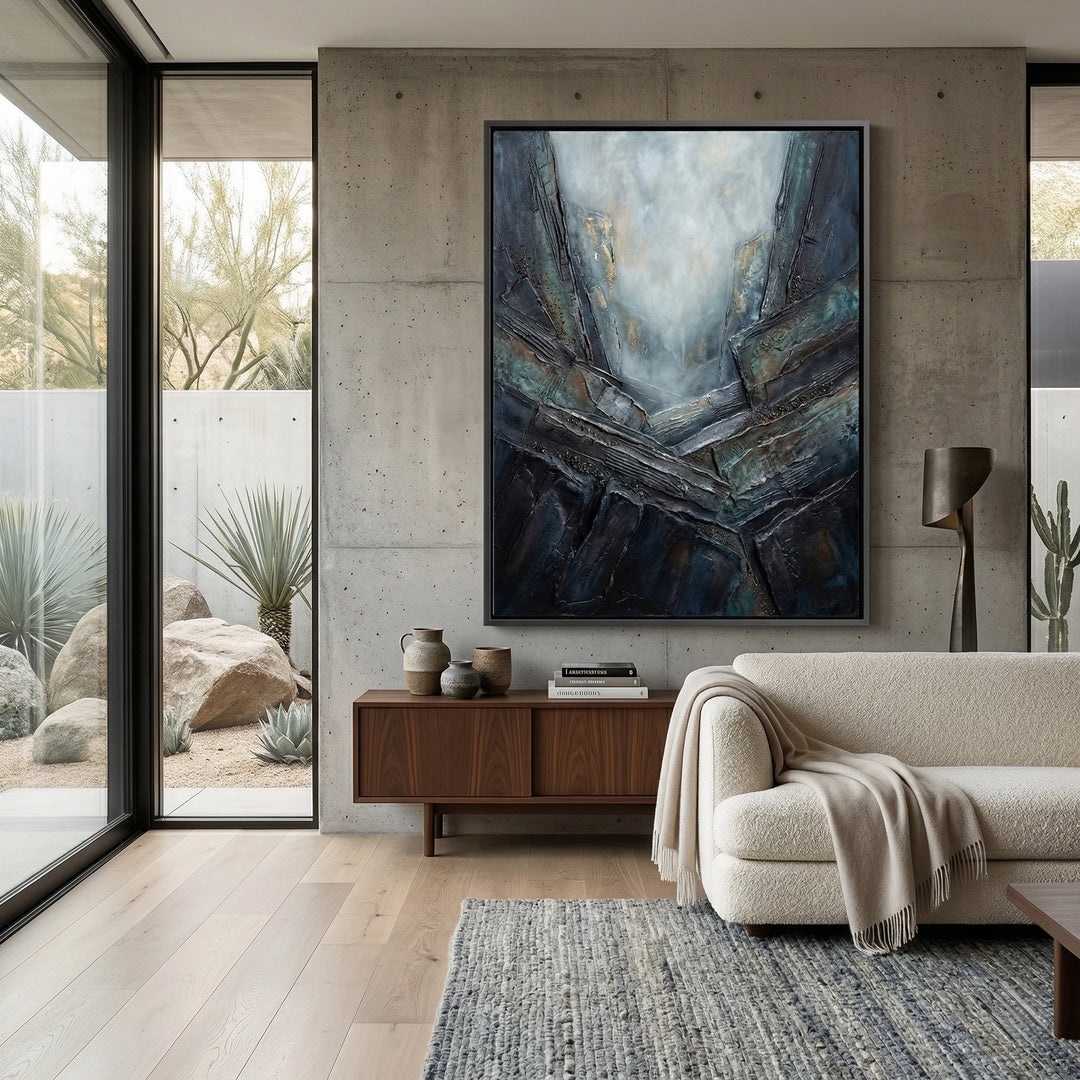 Ethereal Abyss contemporary art print, dark moody palette, stylish UAE living room
