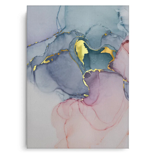 Abstract ink canvas print, blue, pink, and gold marbling effect art, fluid art wall decor