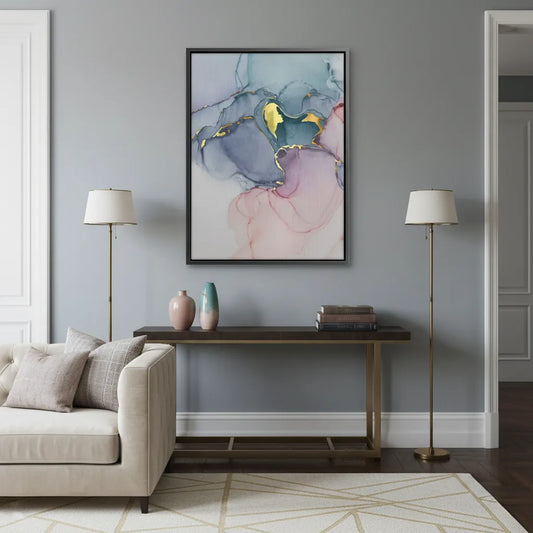Abstract ink canvas print on wall above console table in modern living room, blue, pink, and gold fluid art