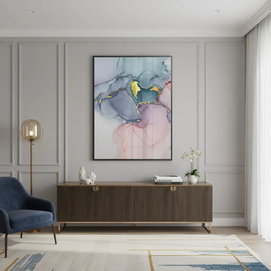 Framed abstract fine art print on wall in modern living room, blue, pink, and gold fluid art