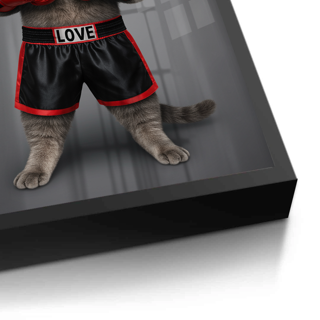 Fight for Love Black Frame Canvas Art Cat wearing black shorts with red trim and 'LOVE' label on a reflective surface.
