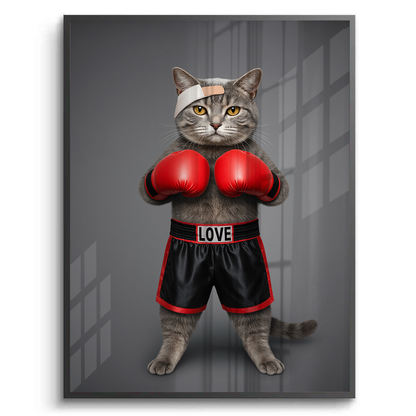 Fight for Love Black Frame Canvas Art Cat wearing boxing gloves and shorts with 'LOVE' on a dark background