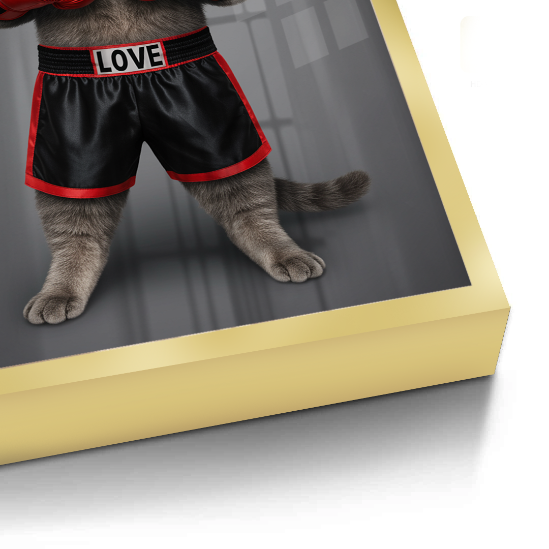 Fight for Love Gold Frame Canvas Art Cat wearing black shorts with red trim and 'LOVE' waistband on a reflective surface.