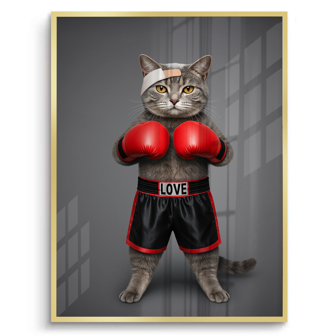 Fight for Love Gold Frame Canvas Art Cat wearing boxing gloves and shorts with 'LOVE' on a gray background