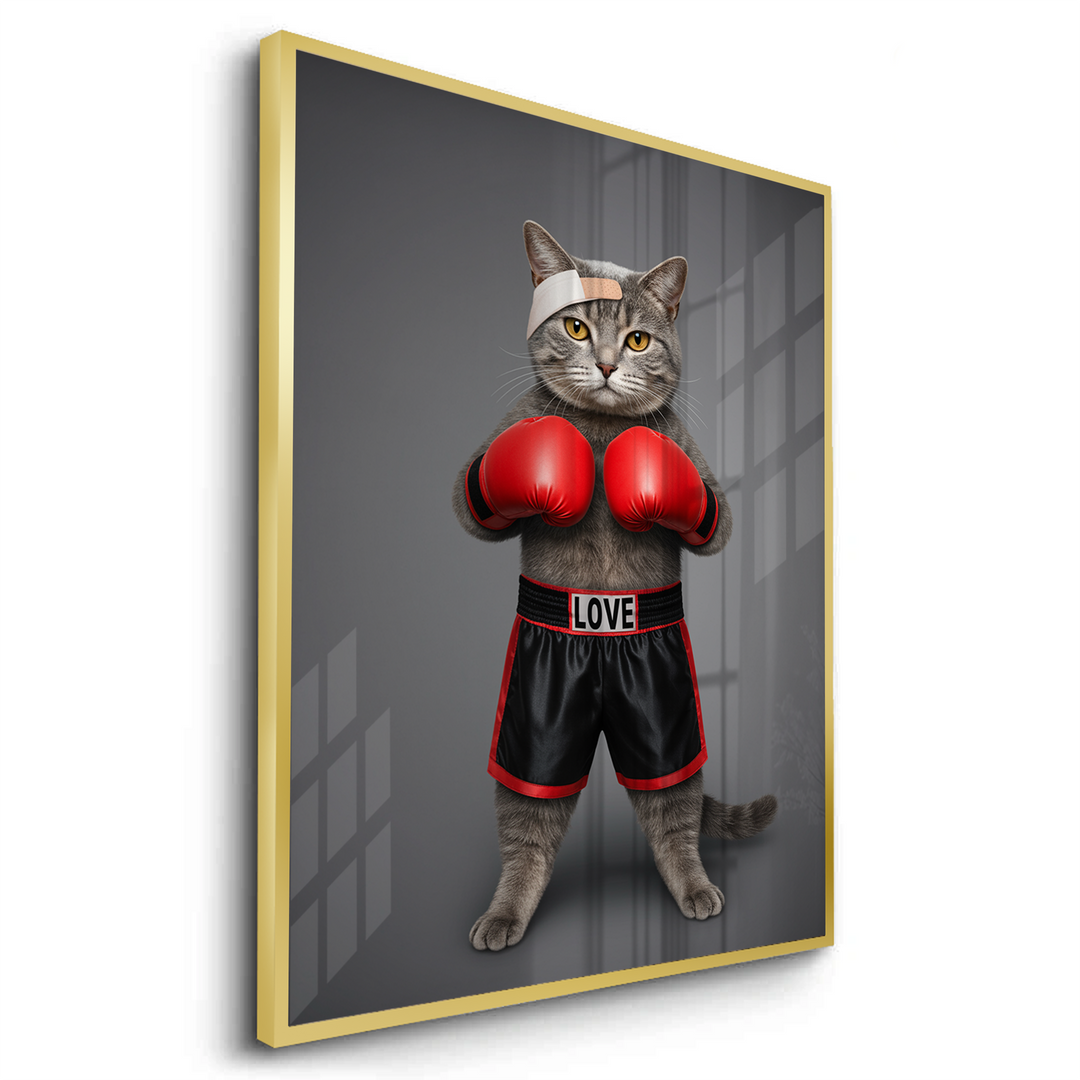 Fight for Love Gold Frame Canvas Art Cat in boxing gear with 'LOVE' shorts on a gray background