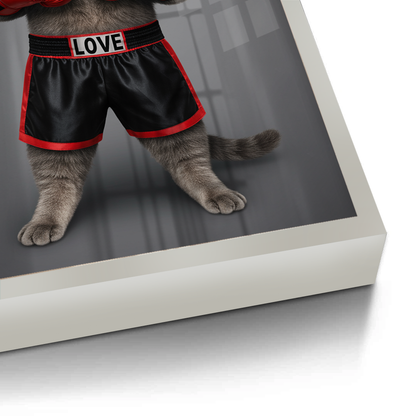 Fight for Love Silver Frame Canvas Art Cat wearing black shorts with red trim and 'LOVE' label on a reflective surface.