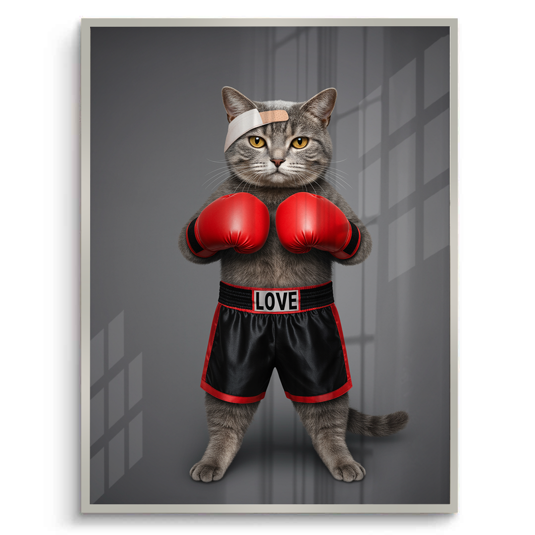 Fight for Love Silver Frame Canvas Art Cat wearing boxing gloves and shorts with 'LOVE' on a gray background