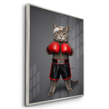 Fight for Love Silver Frame Canvas Art Cat in boxing gear with 'LOVE' on shorts against a gray background