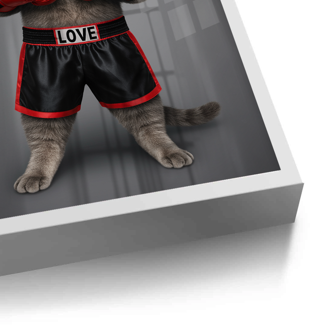 2Fight for Love White Frame Canvas Art Cat wearing black shorts with red trim and 'LOVE' bandana on a reflective surface.