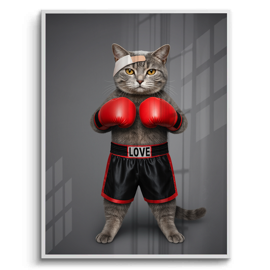Fight for Love White Frame Canvas Art Cat wearing boxing gloves and shorts with 'LOVE' on a gray background