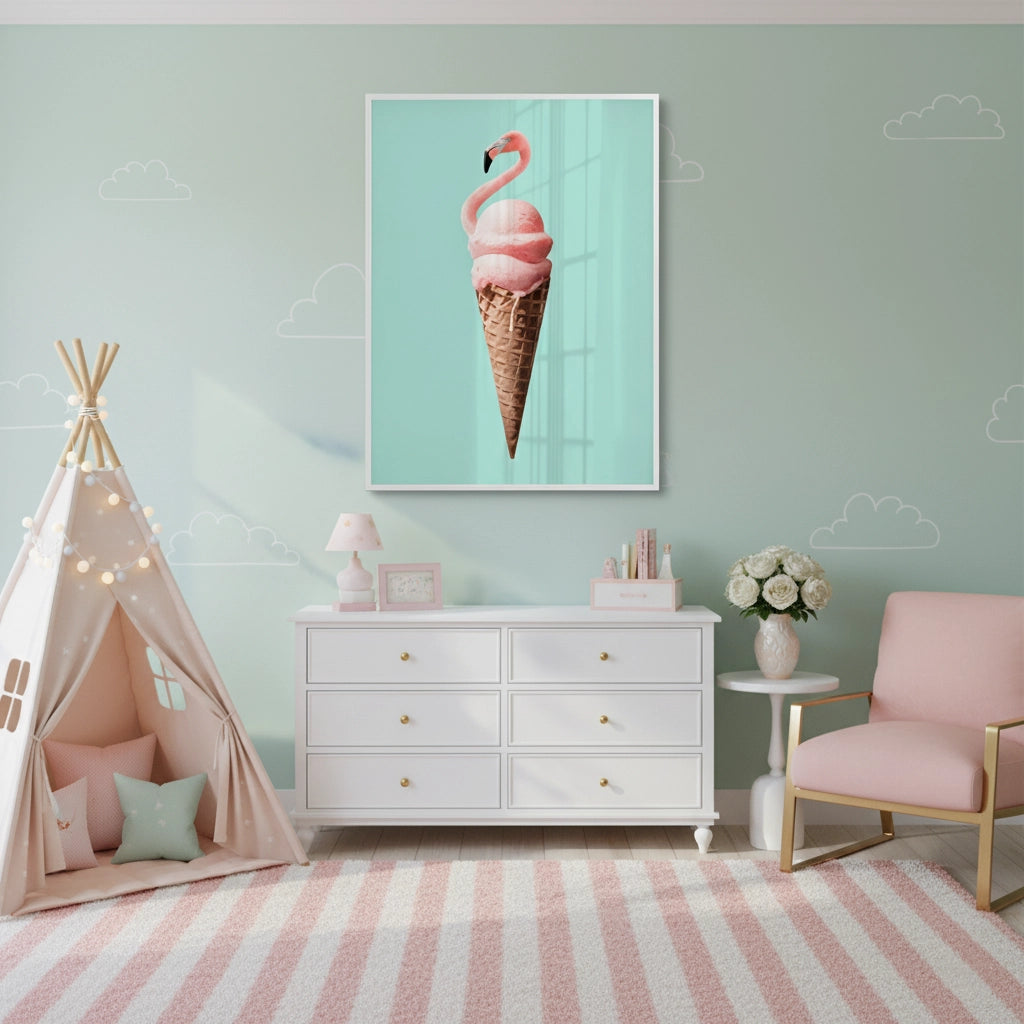 Flamingo Ice Cream Cone - Fine Art - Jasmineart.ae