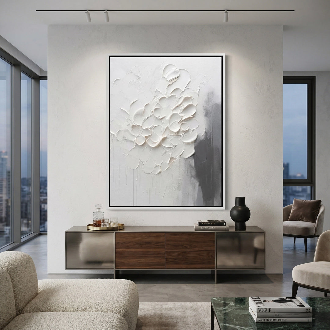 Minimalist abstract artwork with layered impasto flowers and subtle muted shades, ideal for stylish UAE interiors