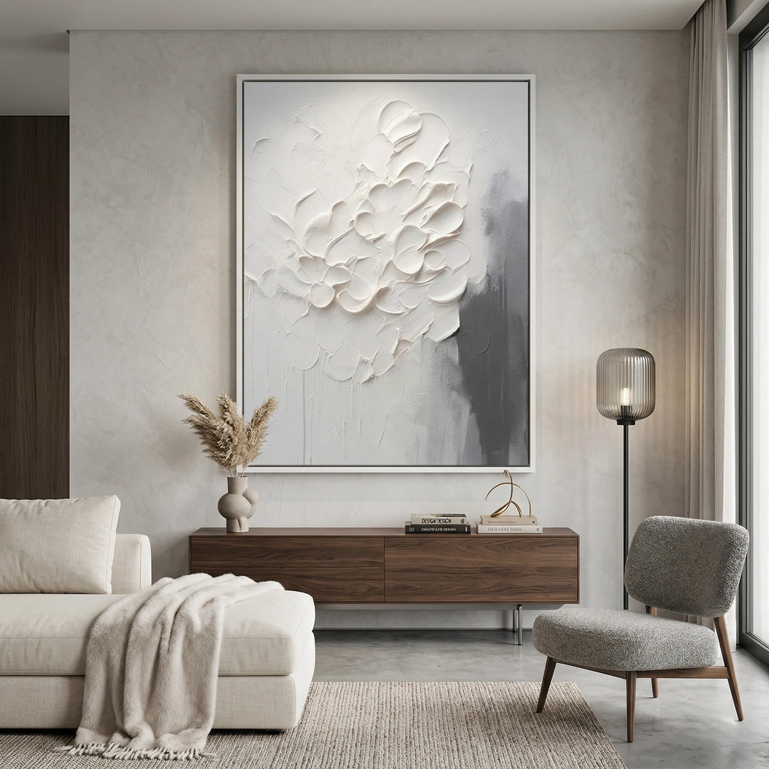 Textured floral art print with impasto technique and minimalist design, enhancing sophisticated UAE interior styling