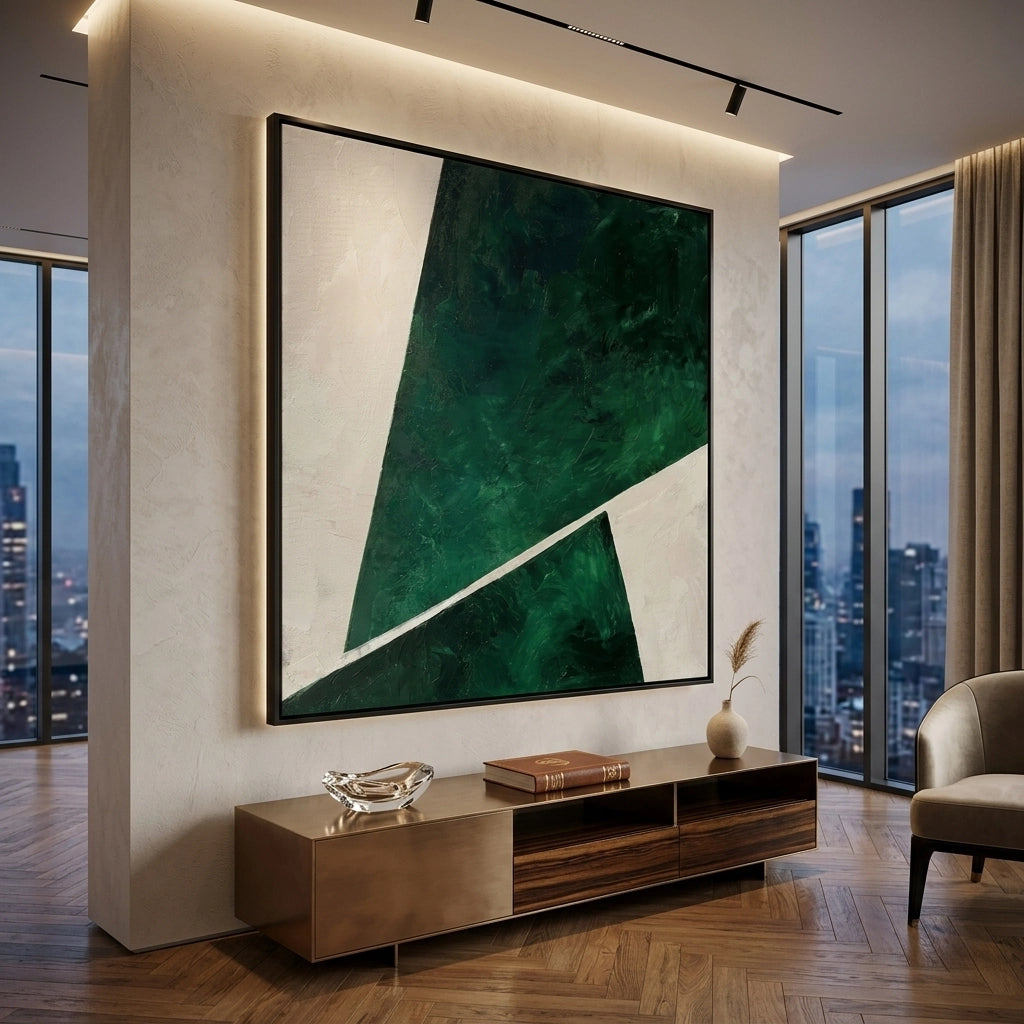 2Minimalist forest geometric artwork blending nature-inspired greens and clean modern design