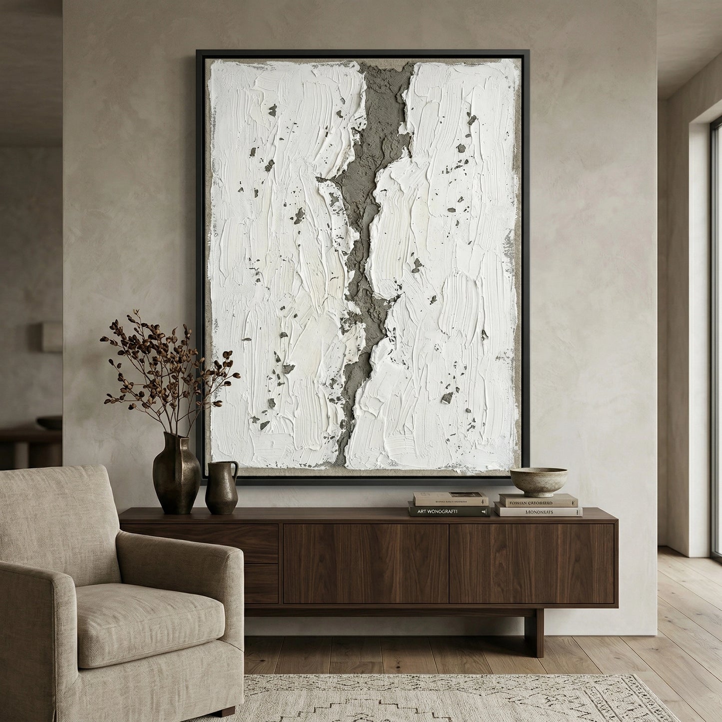 2Textured cracked earth art print with neutral tones, enhancing stylish UAE interior styling