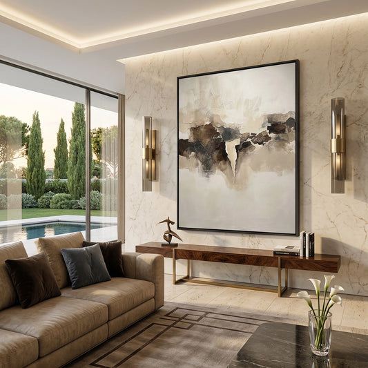 Minimalist 'Fragmented Calm' canvas art with heavy impasto fragments in a warm bone and stone palette, bringing a serene 'Wabi-Sabi' aesthetic to a modern Abu Dhabi home