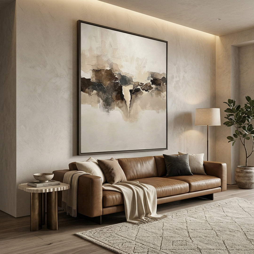 Abstract 'Fragmented Calm' textured painting with a matte mineral finish and subtle shadow play, premium neutral wall decor available in the UAE