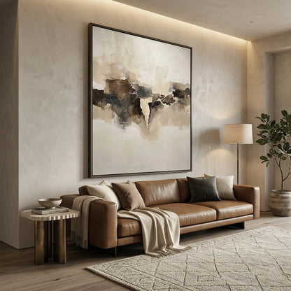 Abstract 'Fragmented Calm' textured painting with a matte mineral finish and subtle shadow play, premium neutral wall decor available in the UAE