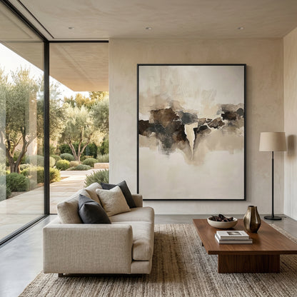 Sculptural 'Fragmented Calm' coffee table with a raw-edged travertine top and geometric base, a unique handcrafted furniture piece for high-end UAE interiors