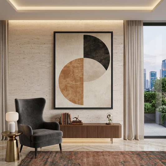 Geometric Eclipse abstract wall art with gold foil accents on a matte black background. A luxury statement piece for modern Dubai villas and home offices, available for delivery across the UAE